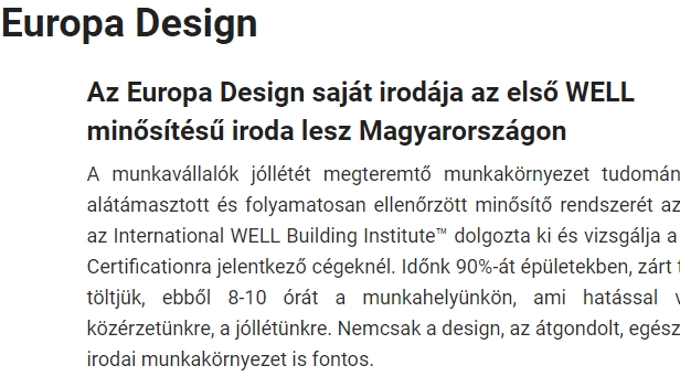 Az Europa Design saját irodája az első WELL minősítésû iroda lesz Magyarországon Europa,Design,saját,irodája,elsõ,minõsítésû,iroda,Magyarországon,#europadesign,#editorial,#press,szakcikk, International, Well, Building, Institute,